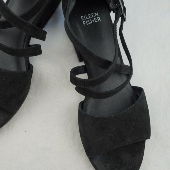 Eileen Fisher Kyra Black Suede Strappy Sandals 7.5 Leather Sole Block Heel Zip - Picture 3 of 11